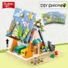 Blocos novos amigos cidade gato hotel conjuntos menina a-frame pet casa apartamento jardim villa sakura árvore blocos de construção diy moc brinquedo criança giftl240118