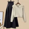 Work Dresses Female Fall Wear Set Women Fashion Navy Neck Twisted Knitted Sweater Pullover High Waist A-line Skirt Two Piece
