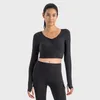 Active Shirts Femmes Super Élastique Serré Yoga Respectueux de La Peau Fitness Entraînement Hauts De Sport Sexy Plissé Col en V T-Shirts À Manches Longues