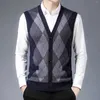 メンズベストメンズウールvネックニットセーターベストカーディガン格子縞のカラーブロックカジュアル汎用ボタンダブルポケットセーター