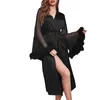 Women's Sleepwear Luxury Feather Bathrobes Satin Long Robe For Women Sexy Night Dress Mesh Sleeve Loose Peignoirs Wedding Bride Pajama