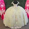 Luz verde brilhante fora do ombro vestidos quinceanera para meninas flores tull capela trem vestidos 15 de quinceanera sob medida