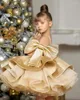 Robes de fille d'or brillant tulle robe de fleur bouffante pour le mariage longueur au genou avec arc princesse fête d'anniversaire première robe de bal de communion