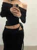 Vestidos de trabalho sexy um ombro de malha manga longa camiseta para mulheres cintura alta rendas até magro ajuste bodycon saias preto conjuntos de duas peças