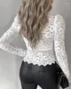 Women's T Shirts Fashion Woman Blouse 2024 Spring Crochet Lace Buttoned Asymmetrical Trim Casual Plain V-Neck Long Sleeve Skinny Daily Tee