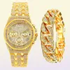 Wristwatches Cool Iced Out Watch Bracelet For Men Women Couple Luxury Watches Gold Diamond With Cuban Chain Jewelry Drop9180123