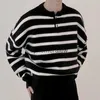 Heren Truien 2023 Gebreide Lichte Luxe Truien Trui Mannen Casual Vintage Henry Kraag Gestreepte Lange Mouwen Tops Streetwear Autumnephemeralew