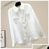 Women'S Blouses & Shirts Womens Blouses Love Heart Pearls Beading Ruffles Work Black White Blouse Autumn Korean Elegant Shirt Long Sl Dhvrh