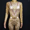 Stage Wear Shining Gold Diamonds Long Sleeve Women Jumpsuits Stretch Tight Pole Dancing Costumes Nightclub Bar Singer Show
