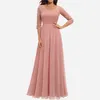 Robes décontractées Femmes Élégant Maxi Longue Soirée Robe De Mariée Couleur Solide Dentelle Col En V Mi-manche Splice Taille Slim Femme Demoiselle D'honneur