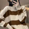 Kadın Sweaters Çizgili Yuvarlak Boyun Uzun Kollu Eşleşen Kaşmir Kazak Yastıklı Gevşek Raglan Kollu Saf Yün