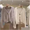 Women'S Sweaters Mohair Sweater Women Cardigans Winter V-Neck Soft Knitted Tops Outwear Solid White Brown Casual Woman Knitwear Sweat Dh1Mt