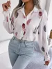 Blouses pour femmes Femmes Casual Plume Imprimer Collier Chemise à manches longues Blanc Rose Bleu Dames colorées et élégantes