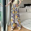 Spodnie damskie 2024 Przyjazd Summer Bohemian Style Kobiety w pełni dopasowana elastyczna talia Długa moda kwiatowy druk prosty V413