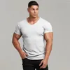 Camiseta masculina marca casual moda respirável masculino curto legal camiseta de fitness verão manga algodão com decote em v camiseta de malha