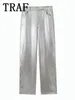 Pantaloni da donna in ecopelle satinata per donna a vita alta Pantaloni da donna argento eleganti autunno inverno larghi casual larghi