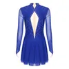 Scene Wear Women's Rhinestone Roller Ice Skating Dress Mesh långärmad lapptäcke Spliced ​​Leotard Dresses Gymnastiska prestanda Kostymer