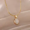 Kpop14k – collier en or jaune pour femmes, pendentif en pierre de lune transparente, Ellipse, chaîne fine, bijoux Vintage, cadeau, nouveauté