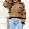 Women's Sweaters Fall Winter 2024 European And American Casual Striped Lantern Sleeves Half Turtleneck Knitted Sweater