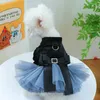 Abbigliamento per cani Abbigliamento per cani Gatto Gonna tutù in maglia blu Maniche a sbuffo nere Abito da festa con fiocco Piccola primavera Autunno Ragazza elegante Articoli per animali carini