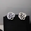 Designer Luxury Silver Needle Earring French Brands Classic Hollow Camellia Flower Inlaided Rhinestone V-Gold Material Women Charm Sweet Jewel Girl Exquisite Gift