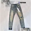 Мужские джинсы Фиолетовые дизайнерские женские джинсовые брюки Died Ripped Biker Jean Slim Fit Мотоциклетная мужская одежда Размер 30-40 Прямая поставка одежды Dh3W8