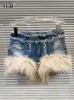 Shorts pour femme VGH Patchwork fausse fourrure décontracté Denim Shorts pour femmes taille haute épissé bouton frappé couleur R ourlet Streetwear pantalon court FemaleL240119