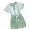 衣類セット幼児の男の子の女の子の服セット半袖リブ付きストライプロンパーとソリッドショーツ2PCS夏の衣装