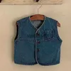 Weste 2023 Herbst neue Baby Ärmel und Denim Weste Solid Kleinkind Junge süße Taschenweste Jacke LDREN Casual Coat Säuglingsmädchen Weste H240508