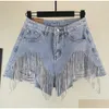 Women'S Jeans Womens Heavy Rhinestone Fringed Hole Shorts Female High Waist Summer Fashion Wide Leg Denim Drop Delivery Apparel Cloth Dh5Fm