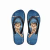 Personnalisé mignon animal de compagnie denim chat imprimé femmes pantoufles été plage en caoutchouc tongs mode filles cowboy bleu sandales chaussures K05B #