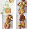 Zwemkleding Dames Zwemkleding met print, gekruiste veters, hangende nek, mesh gaasrok, strandbikini-badpak, driedelige set voor drop D H79H