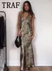 Casual Dresses 2024 Foil Slip Long Dress Women Flower Glitter Maxi For Sexy Backless Party Woman Thin Straps