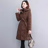 Dames Trenchcoats Winter Donsjack Katoen gewatteerde jas Vrouwelijk temperament Lang Knielange Kleding Riem Taille Afslankende jas