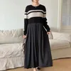 Casual Dresses SuperAen Korean Style Autumn O-neck Stitching Knitting Stripe Design Loose Waist Pleated Dress Fashion Pullover