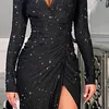 Casual Dresses Womens Classic Dress Long Sleeve V Neck With Belt Swing Cocktail Party Robe Formal Occasion