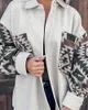Jaquetas femininas casaco retro xadrez impressão costura de lã lapela geométrica único breasted solto manga longa fora do ombro moda