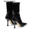 JC Jimmynessity Choo Style Punk High-quality New Buckle Elastic Boots Short Thin High Heel Pointed Toe Sexy Black Winter Pumps Womens Shoes Big Size
