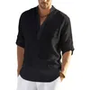 Men's Casual Shirts Cotton Linen Summer Thin Loose Blouse V Neck Long Sleeve Breathable Male Solid Color Tops