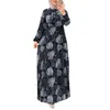 Mellanöstern Dubai Women New Leaf Printing Pleated Fashionable Muslim Dress Elegant Long Sleeves Turkiska långa klänningar Vestidos Musulmanes