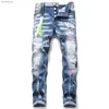 Jeans masculinos luz luxo mens slim fit costura decorações calças jeans azuis de alta qualidade tinta branca respingos arranhões jeans sexy jeans casuais; l240119