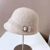 Berets Japanese Wool Hat Women's Autumn And Winter Warm Knitted Diamond Buckle Ribbon Fisherman Front Back Small Basin