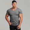 Camiseta masculina marca casual moda respirável masculino curto legal camiseta de fitness verão manga algodão com decote em v camiseta de malha