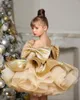 Robes de fille d'or brillant tulle robe de fleur bouffante pour le mariage longueur au genou avec arc princesse fête d'anniversaire première robe de bal de communion