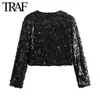 Traf Women Fashion Fall Long Sleeve Oneck Sequin Jacket Bow Short Coat Street Kläd Chic Ladies Crop Tops Mujer 240118