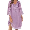 Casual Dresses Spring and Summer Women V Neck Three Quarter Sleeved Chiffon Print Double Layer Dress for Retro Floral