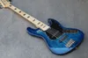 Custom shop vintage 5-snarige F elektrische basgitaar, Blue Quilted Maple top, Elzen materiaal body bas, zwarte inleg, Groothandel