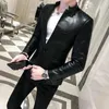 Men Suit Black Slim Fit Blazer Hombre PU Leather Jacket Male One Button Business Casual Prom Korean Suit Coat 240119