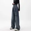 Jeans femininos mulheres retro lavado cintura alta solta perna larga azul denim calças nova y2k moda casual psiquiatra fina esfregando calçasyolq