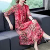 ドレス2023春夏赤い花の天然シルクミディドレス韓国ヴィンテージシックドレス